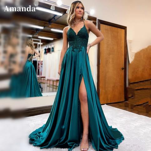 amanda פשוט ירוק משי שמלת נשף בצד שמלת ערב מפוצלת רקמת תחרה שמלת מסיבה אישית שמלות אירוע רשמי