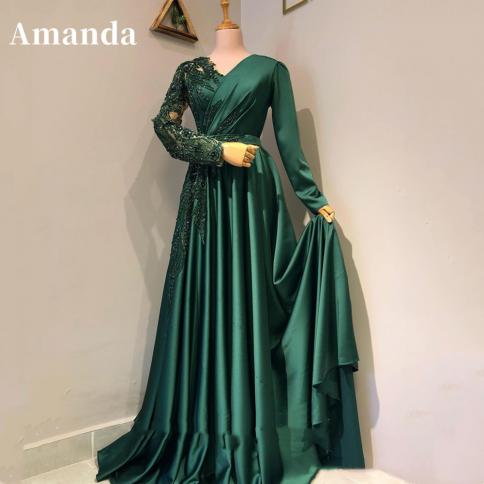 אמנדה שרוולים ארוכים בקו שמלת נשף פאייטים מפוארים רקומים שמלת ערב שמלת ערב ירוקה שמלת משי שמלות לאירוע רשמי