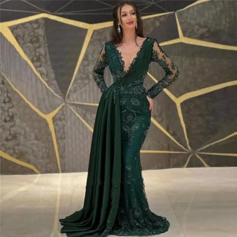 Emerald Green Lace Applique Beads Evening Dresses Long Sleeves Sheer Neck  Mermaid Prom Gowns Elegant Women Formal Dress Color Black US Size 4