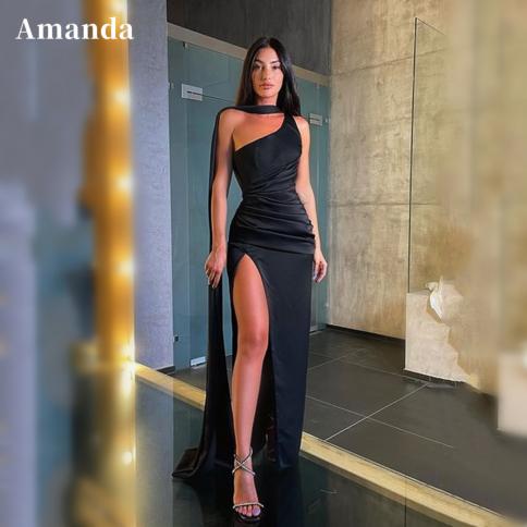 amanda כתף אחת שמלת נשף 2023 שחורה בתולת ים שמלת ערב שמלת שרוולים שמלת מסיבה שמלת משי חצוצרה שמלות ערב