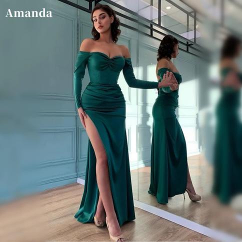 שמלת נשף שרוולים ארוכים של אמנדה 2023 שמלת ערב ירוקה בתולת ים שמלת מסיבת צד פיצול גבוה שמלות אירוע רשמי