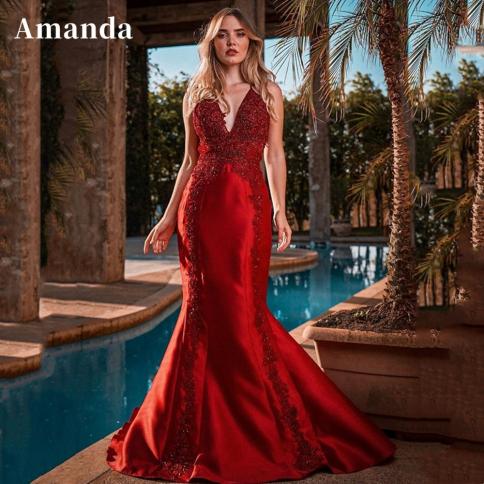 amanda יוקרה בתולת ים שמלת נשף 2023 תחרה רקמת שמלת ערב שמלת מסיבה בורדו שמלת מסיבה רכבת סחוף שמלת אירוע רשמי
