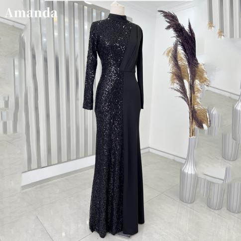 Amanda Muslim High Neck Prom Dress 2023 Modest Long Sleeve Evening Dress  Sequins Satin Mermaid Party Dress Formal Occasi Color Black US Size 22W