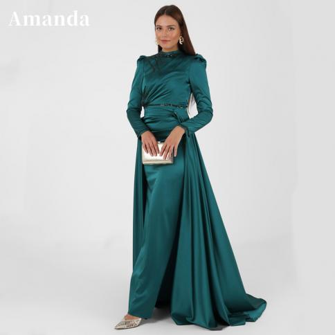 שמלת נשף צנועה עם שרוולים ארוכים של אמנדה שמלת ערב משי ירוקה עם רכבת נשלפת שמלת מסיבה גבוהה עם צווארון גבוה לאירוע רשמי