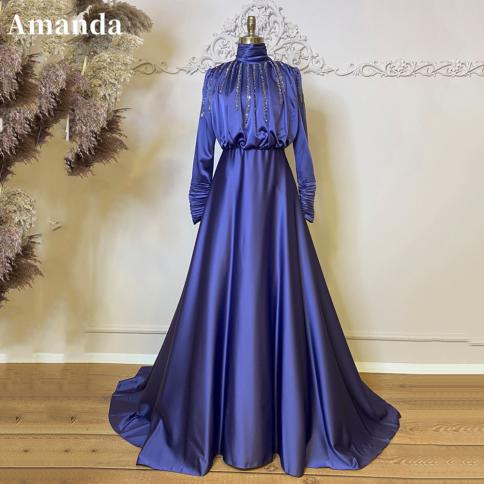 אמנדה צנוע ים כחול שמלת נשף נצנצים משי שמלת ערב גבוהה צווארון קו שמלת מסיבות סאטן טאטוא רכבת אירועים רשמיים
