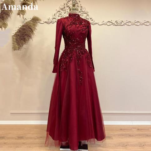 אמנדה אלגנטית שמלת נשף אלגנטית עם צווארון גבוה 2023 פאייטים בקו שמלת ערב אגלי רקמה שמלת מסיבה אירוע רשמי צנוע