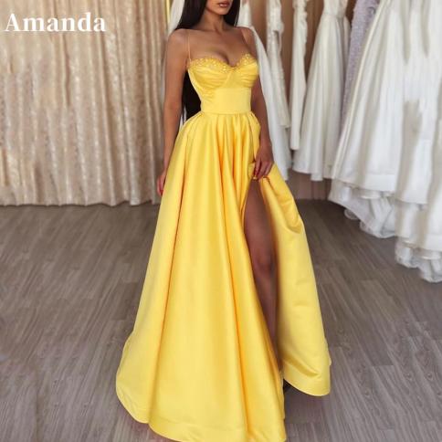 שמלת נשף מפוצלת בצד אמנדה 2023 פאייטים צהובים חזה שמלת ערב רצועת ספגטי שמלת מסיבה שמלת אירוע רשמי