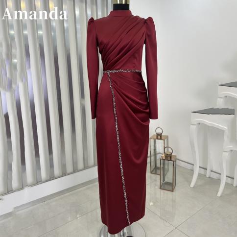 שמלת נשף עם צווארון גבוה של אמנדה מוסלמית 2023 שמלת ערב אלגנטית 34 שרוולים בורדו שמלת מסיבה רשמית באורך הברך