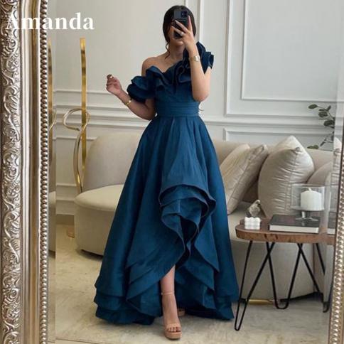 amanda elegant dark blue vestido de novia  high low silk prom gown curled neckline prom dress a line فستان سهرة