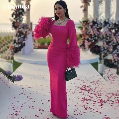 amanda luxury mermaid vestido de novia rose pink prom gown feather sleeve prom dress 2023 elegant trumpet فستان س�