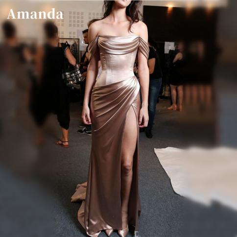 amanda  off shoulder فستان سهرة dark champagne party dress silk mermaid evening dresses  side split fishtail pr