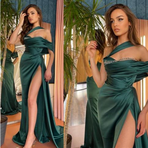 amanda silk satin mermaid vestido de novia  off the shoulder evening dress dark green prom dress floor length فستان