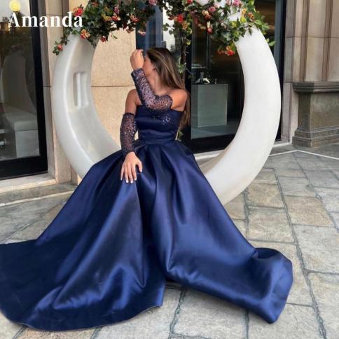 amanda luxury a line فستان سهرة  strapless party dress dark blue evening dresses glitter glove silk satin prom