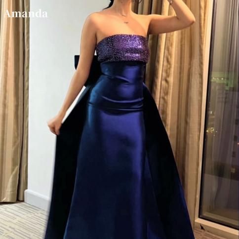 amanda  strapless فستان سهرة bow on back party dress beading straight evening dresses elegant  dark blue prom d