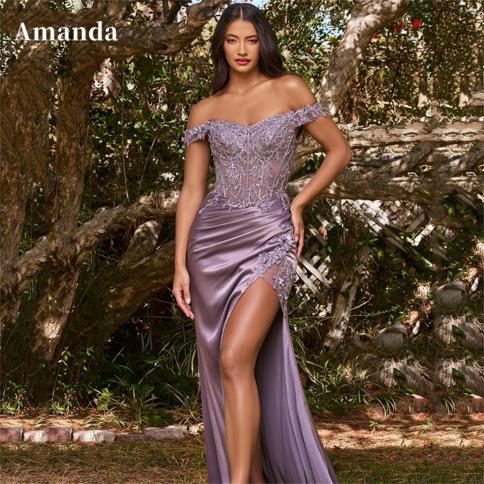 amanda lace embroidery party dress side split silk satin فستان سهرة elegant purple prom dress  off shoulder eve