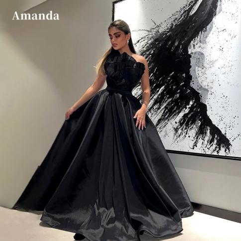 amanda princess robe de soirée שחור סטרפלס שמלת נשף קו שמלת ערב משי סאטן ללא שרוולים