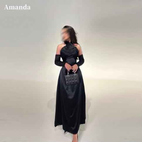 amanda halter משי סאטן שמלות אירוע רשמי שחור שמלת ערב באורך הברך שמלת נשף עם פאייטים כפפה חלוק דה