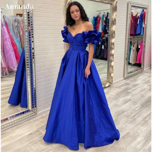 amanda off shoulder שמלות אירוע רשמי ספיר כחול אלין שמלת ערב משי סאטן שמלת נשף פשוטה חלוק דה סויר