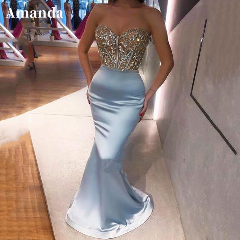 amanda  strapless فستان سهرة light blue party dress silk mermaid evening dresses glitter sleeveless fishtail pr
