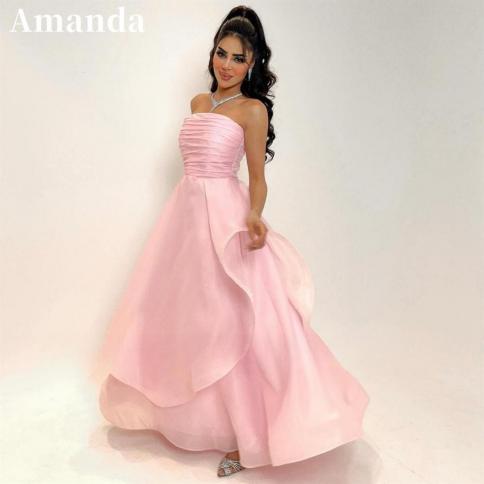 amanda strapless organza فساتين السهرة light pink a line floor lenght prom dress 2023  sleeveless crimping p