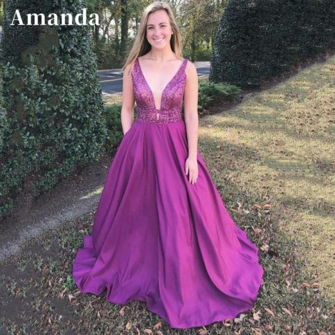 amanda purple a line vestidos de noche חולצות נצנצים ללא שרוולים שמלות לאירוע רשמי קו סאטן שמלת נשף 2023