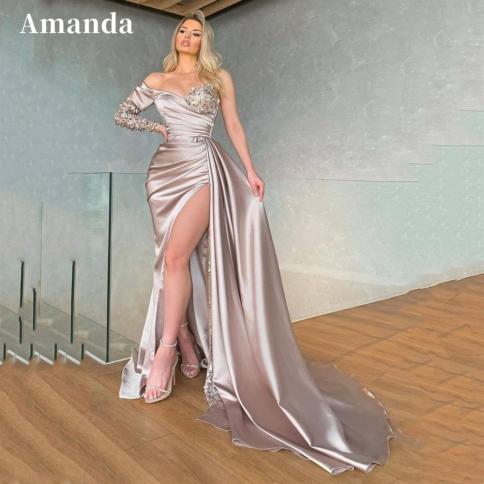 שמפניה אמנדה צד בתולת ים בפיצול גבוה שמלת נשף 2023 גליטר חזה צד טאטא רכבת שמלת נשף