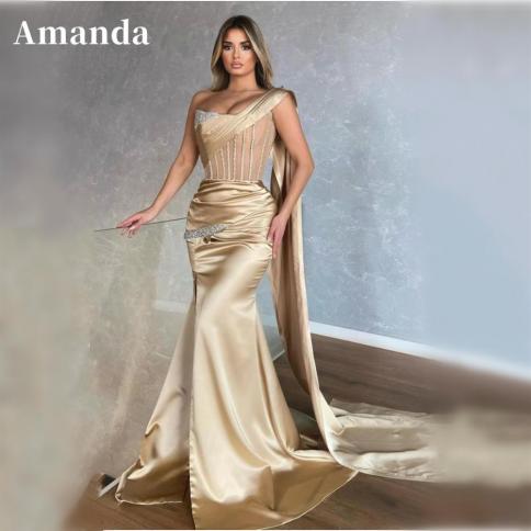 amanda כתף אחת דג עצם דג זנב שמלת נשף 2023 גליטר משי חצוצרה צד טאטא רכבת שמלת נשף