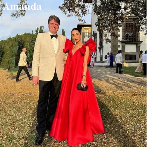 שמלות ערב אמנדה מכווץ שרוול V צוואר אדום משי קו שמלת נשף 2023 גב פתוח סאטן pr