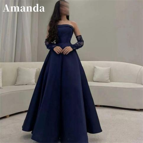 amanda elegant a line שמלת נשף 2023 כחול כהה vestidos de noche עם שרוולים נשלפים סטרפלס שמלת אירוע רשמי