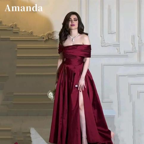 amanda אלגנטית off shoulder prom dress 2023 burgundy a line vestidos de noche צד שרוולים קצרים מפוצלים לאירוע רשמי ד