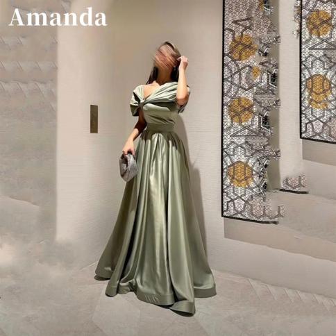 amanda אלגנטי חרדל ירוק שמלת נשף 2023 שרוול קצר מחוץ לכתף קו vestidos de noche