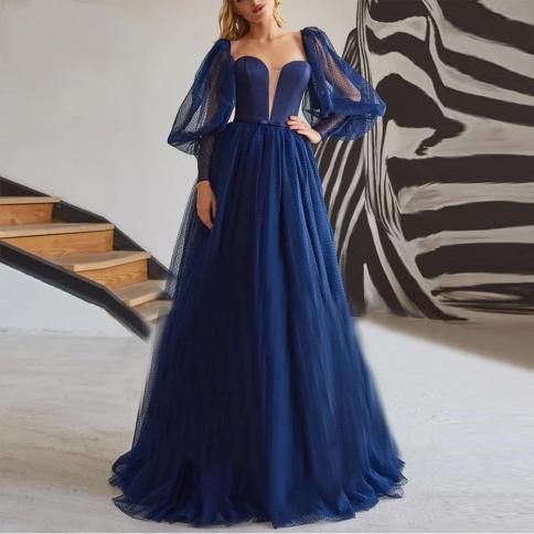 on zhu elegant puff sleeves blue dot tulle evening dress sweetheart evening gown formal floor length robes de soirée ف