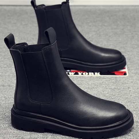 מגפי מרטין לגברים סתיו וחורף מגפי צלסי בסגנון בריטי גבוהים נעלי נעליים מגפיים קצרות נעלי עור שחורות