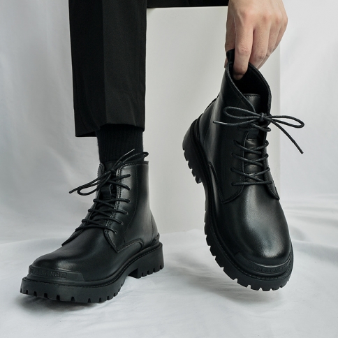 נעלי סתיו מרטין גברים שחורים בריטית נעלי עור גבוהות גברים בסגנון הונג קונג עור פרה אמצע קצה קטר
