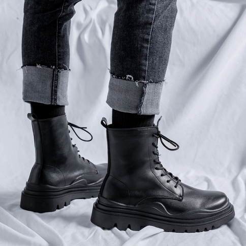 מגפי מרטין נעלי עור גבוהות בסגנון בריטי בינוני נעלי גברים נעלי גברים סתיו מגפיים קצרים בהתאמה אישית עור שחור