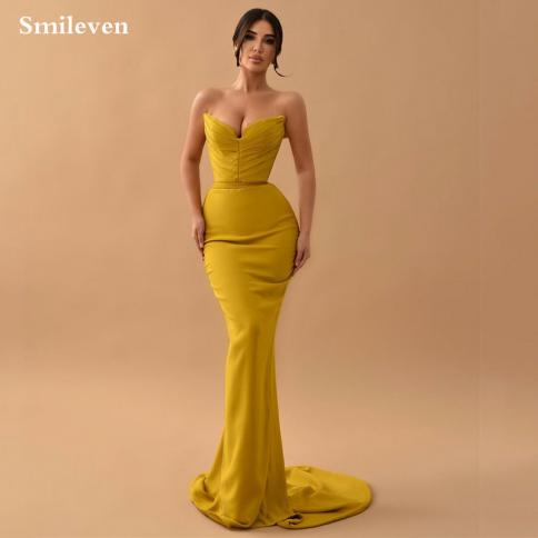 smileven סטרפלס שמלות ערב בתולת ים vestidos de nocheples שמלת אירוע רשמי שמלת נשף צהובה שמלות נשף גלימות דה סוי