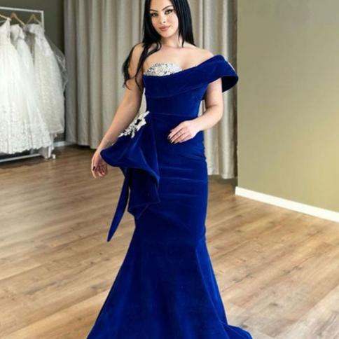 Smileven Royal Blue Mermaid Evening Dresses Velvet Off The Shoulder Saudi  Arabic Prom Dress Elegant Formal Occasion Dres Color Black US Size 12