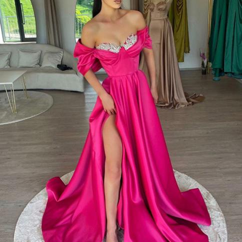 Smileven A Line Hot Pink Evening Dresses Side Split Off The Shoulder Saudi Arabic Prom Dress Side Split Formal Occasion Color Sky blue US Size 24W