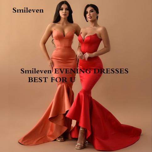 smileven סטרפלס בתולת ים שמלות ערב לנשף באורך הרצפה שמלת מסיבה מפוצלת בצד שמלות קוקטייל לילה במידות גדולות