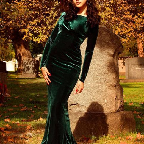 Smileven Dark Green Cheap Long Sleeves Velvet Evening Dress Mermaid Cutout  Sweep Train Prom Gowns Simple Women Party Dre Color White US Size 4