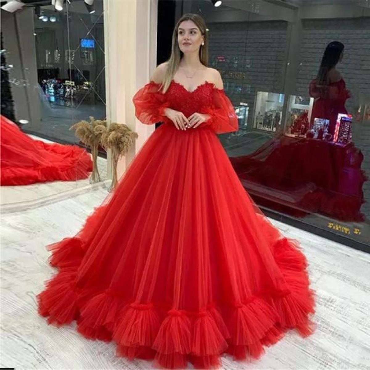 Elegant Red Long Puff Sleeves Prom Party Dresses Off The Shoulder