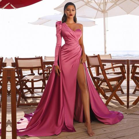 robe de soirée de mariage שמלות נשף בת ים כתף אחת עם שרוולים ארוכים שמלת ערב מפוצלת בצד שמלת ערב סאטן קפלים עבור