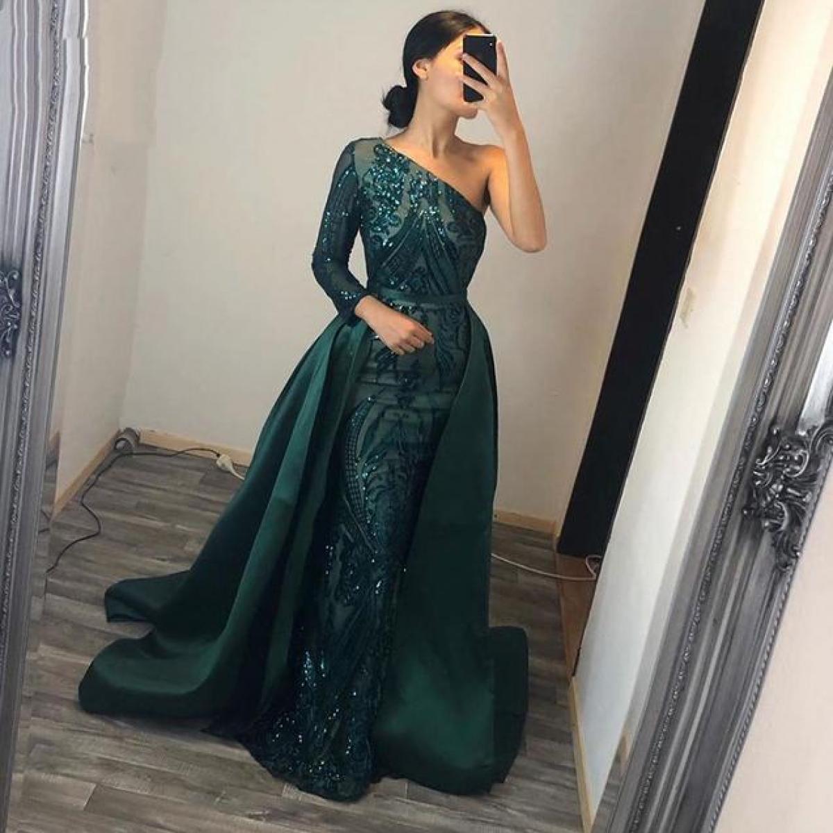 Elegant Muslim Mermaid Evening Dress 2022 Long Sleeves Party Night With  Detachable Train Sequined One Shoulder Prom Part Color Burgundy US Size 8