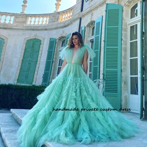Aqua Green A Line Celebrate Evening Dresses Deep V Neck Pleats Tulle Luxury  Prom Party Dress Long Occasion Event Gown Cu Color Black US Size 18W