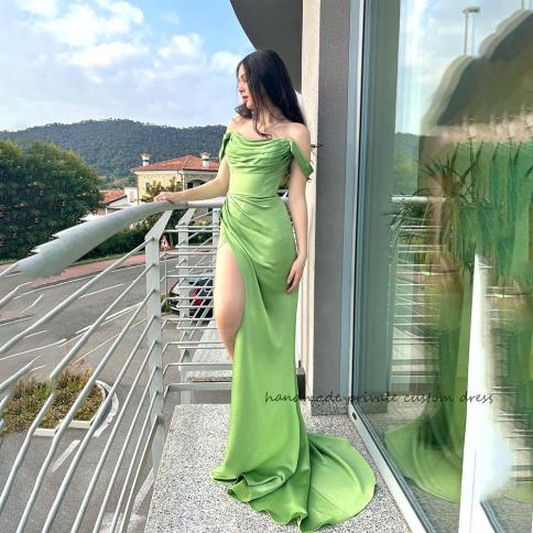 Green Off Shoulder Mermaid Prom Party Dresses Beads Pleats Satin High Split  Evening Dress Long Prom Event Gowns With Tr Color Yellow US Size 10