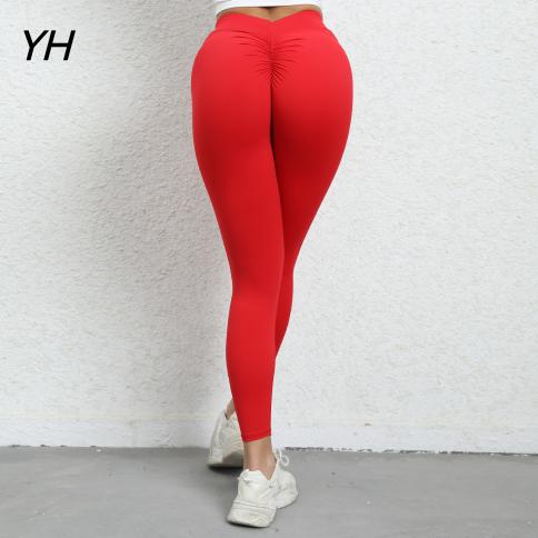 Sexy Women Yoga Pants High Stetch Solid Leggings High Waist Trousers Push  Up Hip Legging Back Pleated Breathable Trousers 