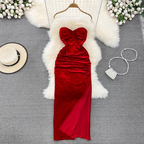 אביב קיץ שמלות מקסי לנשים bodycon רצועת קטיפה ללא גב חלוק נשיים אלגנטי וינטג מפוצלת חג חדש