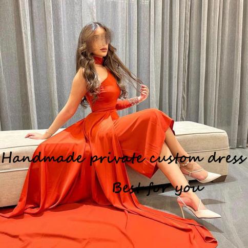 Orange Mermaid Evening Dresses Pearls One Sleeve Saudi Arabic Prom Dress  2023 Tea Length Dubai Formal Party Gowns With S Color White US Size 12