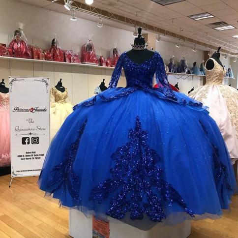 vestidos de רויאל כחול פאייטים שמלות quinceanera שרוולים ארוכים מחוך נצנצים שמלת נשף מתוק 16 שמלת quinceanera dr