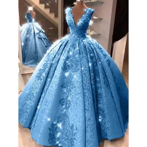 שמלת נשף צנועה quinceanera שמלות V צוואר ללא גב אפליקציות רכבת לטאטא תחרה שמלות מסיבת נשף לילדות 15 שנים qui